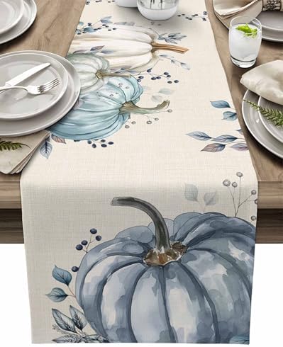 Fall Pumpkin Table Runner Dresser Scarf 13 x 48 Inch White Blue Leaves Rustic Table Runners Non-Slip Heat Resistant Kitchen Dining Table Decor for Autumn Thanksgiving Holidays Indoor Outdoor