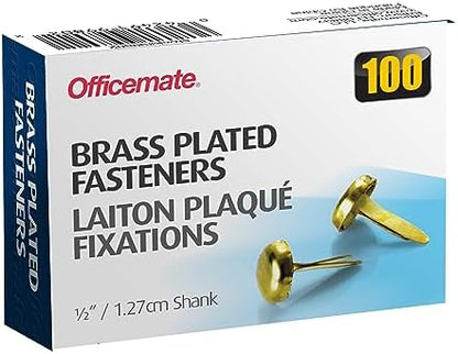 Officemate Round Head Brass Plated Fasteners, 0.5 Inch Shank, 100/Box (99802) (Pack of 2)