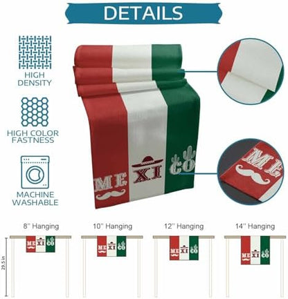 Mexico Flag Table Runner Dresser Scarf 13 x 108 Inch Green Red Color Cactus Hat Striped Modern Table Runners Non-Slip Heat Resistant Kitchen Dining Table Decor for Home Holidays Indoor Outdoor