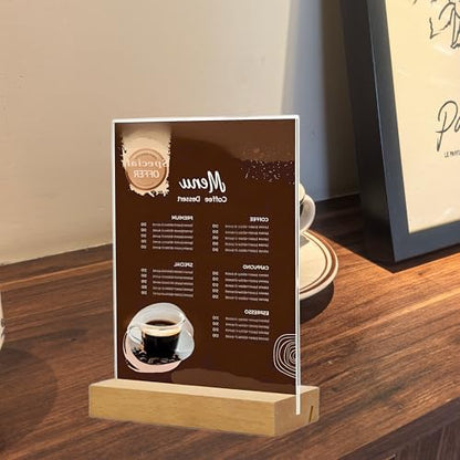 TONICE 5x7 Acrylic Sign Holder with Wood Base 3 Pack L/T Shape Vertical or Slant Back Display for Wedding, Restaurant, Store, Office, Hotel