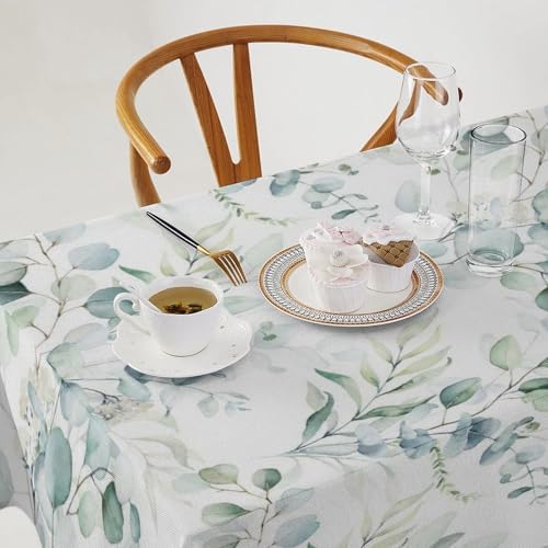 Green Eucalyptus Tablecloth, Watercolor Floral Spring Botanical Plants Herb Sage Print Table Cover for Home Kitchen Dining Table Party Camping Decor 60x90in