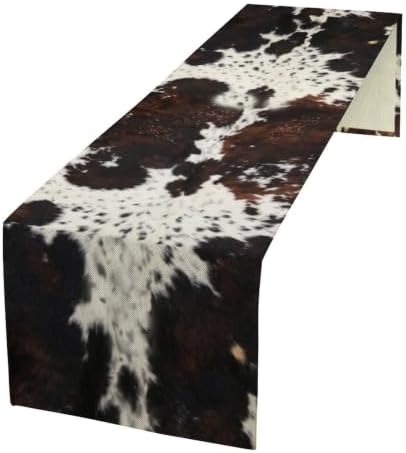 Cow Animal Skin Print Table Runner, Rustic Cottage Country Farm Animal Fur Skin Pattern Western Style Black Brown Cowhide Print Dinner Runner for Home Kitchen Dining Table Decoration 13"x108"
