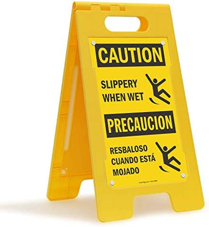 SmartSign - SF-0193-FB-25x12 "Caution - Slippery When Wet" Bilingual Folding Floor Sign | 25" x 12" Plastic Black on Yellow
