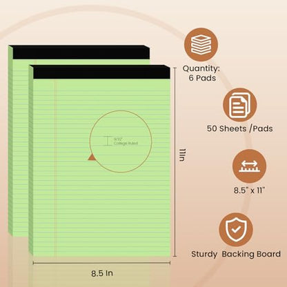 6pcs Legal Pads 8.5 x 11, Perforated Colored Notepad 8.5x11, 50Sheets/Pad