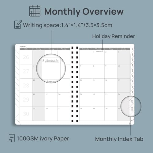 POPRUN 2027 Planner Daily Weekly and Monthly Calendar with Hourly Schedule(Medium Size 8.5'' x 6.25'' Wire-Bound Hard Cover) - Agenda 2027 (Jan.2027-Dec.2027), Monthly Tabs - Midnight Green