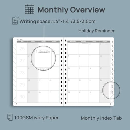 POPRUN 2027 Planner Daily Weekly and Monthly Calendar with Hourly Schedule(Medium Size 8.5'' x 6.25'' Wire-Bound Hard Cover) - Agenda 2027 (Jan.2027-Dec.2027), Monthly Tabs - Midnight Green