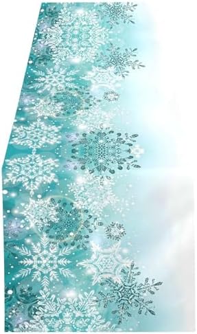 ALAZA Double-Sided Silver Winter Teal Turquoise Snowflakes Christmas Table Runner 14x108 Inches Long,Table Cloth Runner for Wedding Birthday Party Kitchen Dining Home Everyday Decor