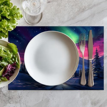 Batmerry Winter New Year Linen Placemats Set of 8, Aurora-s Pink Skies Snowy Mountains Washable Table Mats for Kitchen Table Thickened Heat Insulation Dining Set Indoor Outdoor 12X18 in