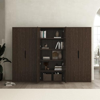 Manhattan Comfort Rivington Bookshelf 79 in Tall 5-Tier Bookcase, Modern Soft Close Storage Cabinet, Handle-Free, Round Corner Design for Living Room, Bedroom, or Home Office, Set of 3 in Walnut