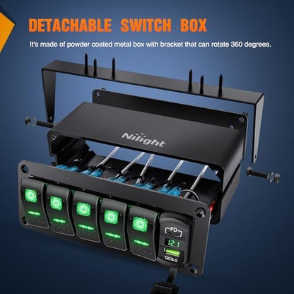 Nilight 5 Gang Rocker Switch Box w/Voltmeter PD Type C and USB Socket