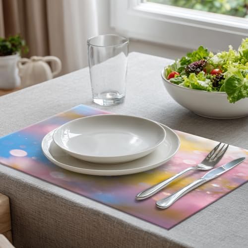 Batmerry Pastel Rainbow Placemats,Glitter Stars Marble Galaxy Clouds Washable Linen Table Mats for Kitchen Table Double Insulation Decor Dining Set Indoor Outdoor 12X18 in Set of 4