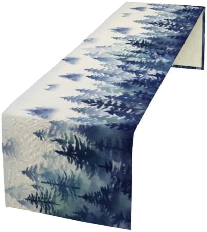 Watercolor Blue Pine Trees Table Runner, Forest Woodland Tabletop Scarf Home Kitchen Holiday Decor, Seasonal Farmhouse Rustic Dining Decorations Party Supply 13 X 36 Inch