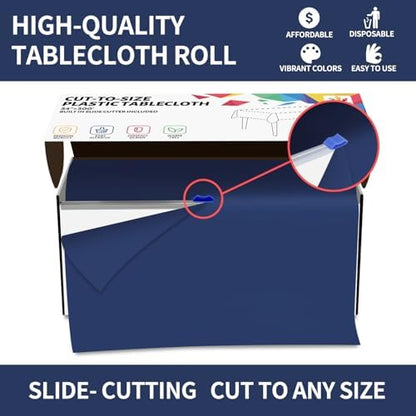 CXPSINC 54 Inch X 300 Feet Plastic Table Cover Roll Disposable Tablecloth with Slide Cutter for All Type/Shape Tables | Party, Banquet, Birthdays, Weddings(Navy Blue, 300 Feet)