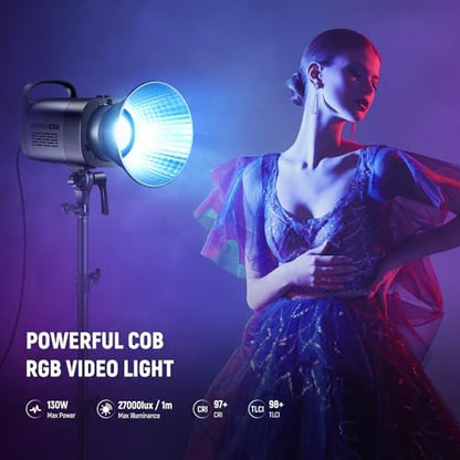 NEEWER CB100C 130w RGB LED Video Light, APP/2.4G Control 360° Full Color 2700K-6500K 27000lux/m COB Bowens Mount Silent Continuous Output Lighting TLCI/CRI97+ 17 Scenes for Video Recording Photography