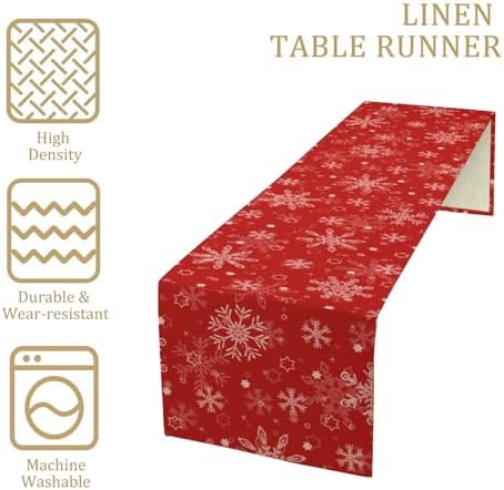 Red Snowflakes Christmas Table Runner, Seasonal Winter Holiday Kitchen Dining Table Decoration for Home Party Decor 13x90 Inch