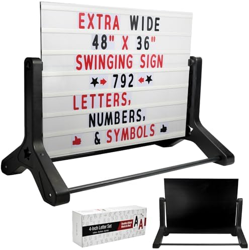 Swinging Changeable Message Sidewalk Sign: 48" x 36" Sign with 792 Pre-Cut Double Sided Letters and Storage Box. Includes Black Board & Letter Board (Black Color Legs)