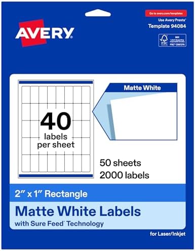 Avery Matte White Rectangle Labels, 2" x 1", Sure Feed Technology, Laser/Inkjet Printer Compatible, 2000 Printable Labels Total, Great for Branding, Packaging, and More