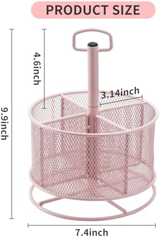 Marbrasse Mesh Desk Organizer, 360-Degree Rotating Multi-Functional Pen Holder, 4 Compartments Desktop Stationary Organizer, Home Office Art Supply Storage Box Caddy (Pink)