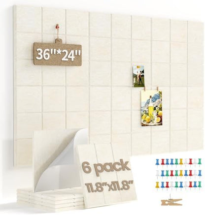 Large Felt Bulletin Board for Walls: 6-Pack Black Cork Board Alternative 11.8x11.8 Inch Peel and Stick Pin Board Wall Decor for Home Organization, Office Memo Board, Self-Adhesive Wall Tiles