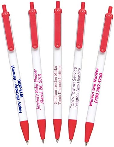 USA Made, Personalized Writing Ink Ballpoint Novelty Pens, Custom Printed with Your Logo & Text (Pack of 250 White Pens with Red Trim)
