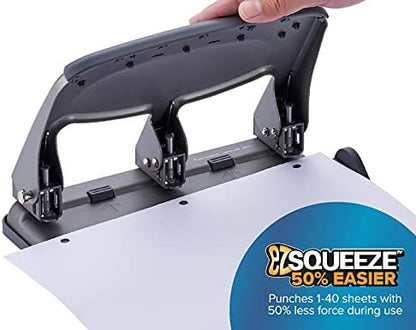 Bostitch EZ Squeeze Heavy Duty 3 Hole Punch, 40 Sheet Capacity, Gray