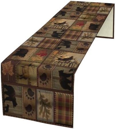 Rustic Bear Table Runner, Vintage Cottage Country Style Pine Tree Elk Wildlife Dinner Runner for Home Kitchen Dining Table Decoration 13"x36"