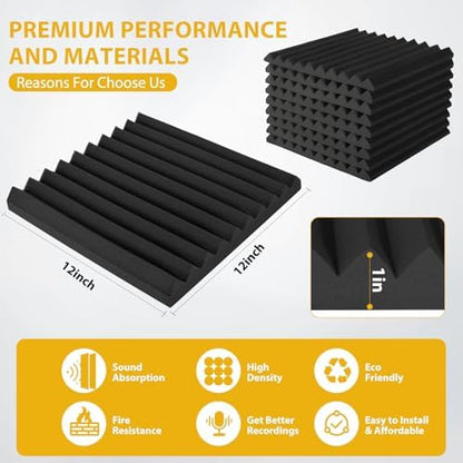 56 Pack Acoustic Foam Panels, 1" x 12"x 12" Sound Proof Foam Panels For Wall Fire Resistant, Noise Cancelling Dampening Sound Absorbing Black Wedge Panels For Studio Recording & Office & Home