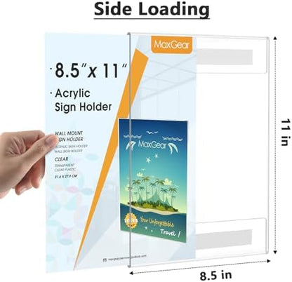 MaxGear Acrylic Sign Holder 8.5 x 11 Wall Mount with Tape, 2 Pack, Vertical