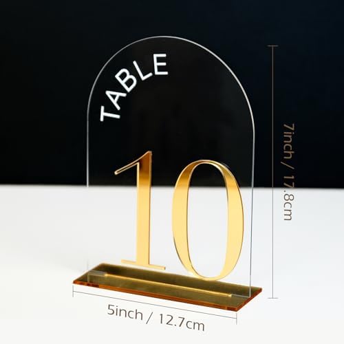 Clear Arch Wedding Table Numbers 1-20, Gold Numbers and Stands