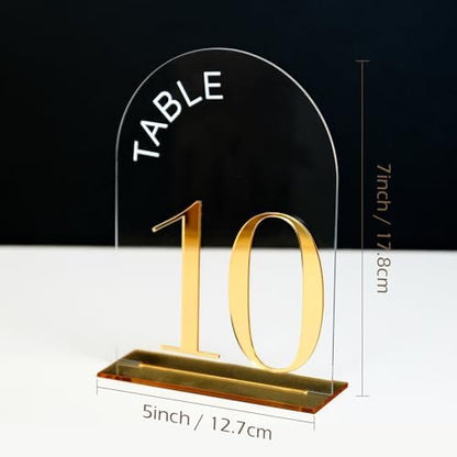 Clear Arch Wedding Table Numbers 1-20, Gold Numbers and Stands