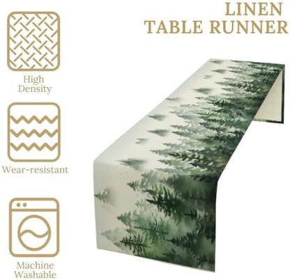 Watercolor Green Pine Trees Table Runner, Forest Woodland Tabletop Scarf Home Kitchen Holiday Decor, Seasonal Farmhouse Rustic Dining Decorations Party Supply 13 X 108 Inch