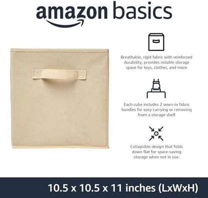 Amazon Basics Collapsible Fabric Storage Cubes Organizer with Handles, Sturdy Storage Bins for Organization, 10.5" x 10.5" x 11", Beige, 6 Count (Pack of 5)