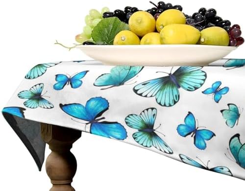 Blue Butterfly Tablecloth, Cute Animal Green Teal Butterfly Fantasy Wings Print Table Cover for Home Kitchen Outdoor Party Picnic Wedding Decor 60x120in