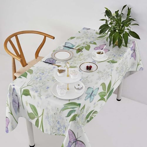 Butterfly Floral Tablecloth, Spring Summer Watercolor Flowers Plants Leaves Print Table Cover for Party Picnic Dinner Decor 60x120in