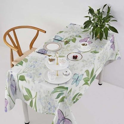 Butterfly Floral Tablecloth, Spring Summer Watercolor Flowers Plants Leaves Print Table Cover for Party Picnic Dinner Decor 60x120in