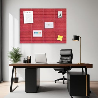 12 Pack Felt Bulletin Board, 35" x 47" Large Red Pinboard with 30 Push Pins, Square Felt Pin Board, Self-Adhesive Cork Board Tiles for Home, Office Walls, School Classroom Message Photos Display