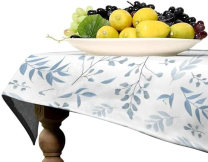 Blue Leaves Tablecloth, Summer Light Blue White Grey Leaves Fern Forest Herbs Plants Print Table Cloth for Indoor Outdoor Dining Table Party Picnic Decor 55x75in