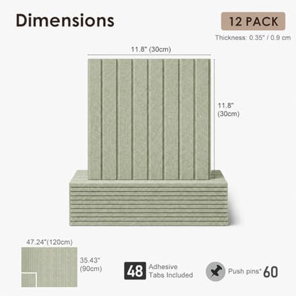 SIOLOC Ribbed Felt Bulletin Board Tiles, 12 Pack Sage Green Cork Board Alternative for Walls, Large Grooved Felt Wall Tiles, 47.2 x 35.4 in Large Pin Board for Office Classroom Dorm