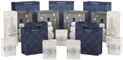 Hallmark Assorted Christmas Gift Bags Bulk - Snowflake, Tree, Snowman, Plaid (18 Gift Bags: 5 Small 5", 4 Medium 8", 4 Large 11", 3 XL 14", 2 Bottle Bags) for Holiday Parties, Hanukkah, Weddings