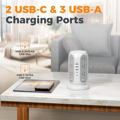 TESSAN Tower Power Strip Surge Protector, Flat Extension Cord 15 Ft, Grey