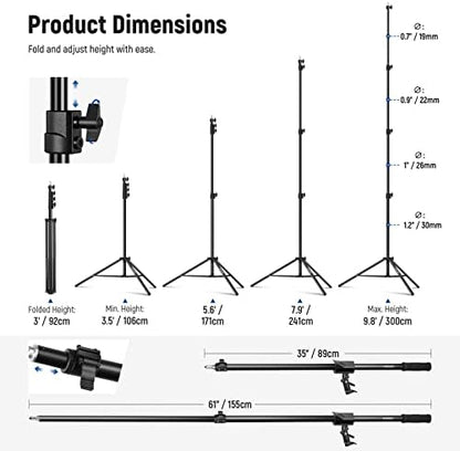 NEEWER Air Cushioned Aluminum Light Stand, 9.8ft/3m Adjustable Photography Stand with Boom Arm, Counterweight, Sandbag, 1/4" Screw for Softbox, Studio Flash, Umbrella, Ring Light, Max Load 5kg