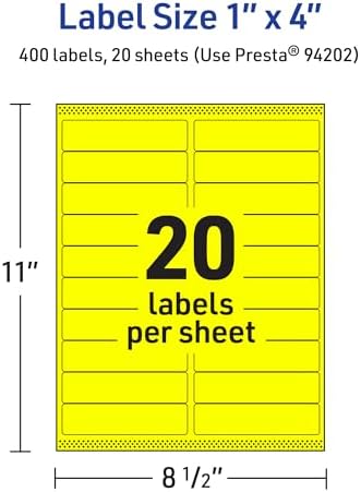 Avery® Printable Rectangle Labels, Sure Feed® Technology, 1" x 4", Neon Yellow Labels, Laser/Inkjet Printable, 400 Total, Great for Mailing and Cosmetics