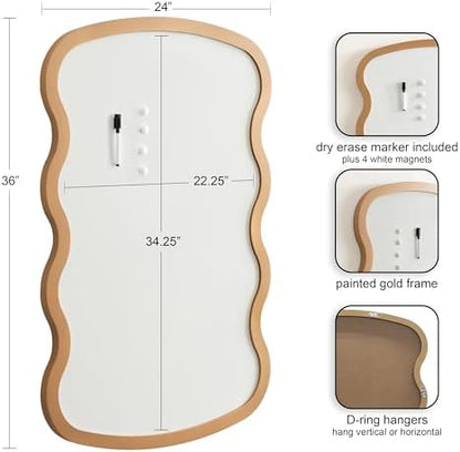 Kate and Laurel Holbrook Wavy Magnetic Dry Erase Board with Marker and Four Magnets; 24 x 36; Gold; Decorative Wall Organization White Board for Use as Bedroom or Dorm Room Decor