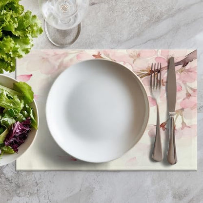 Batmerry Vintage Cherry Blossom Linen Placemats Set of 4, Delicate Watercolor Pink Flowers Washable Table Mats for Kitchen Table Thickened Heat Insulation Dining Set Indoor Outdoor 12X18 in