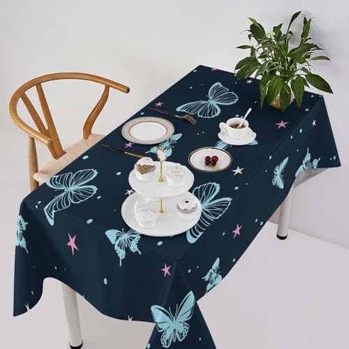 Blue Butterfly Tablecloth, Cartoon Colorful Butterfly Pink Starry Sky Star Print Tablecloth for Camping Indoor Outdoor Decor 60x120in