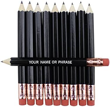 EZPENCILS & GIFTS - Golf Pencils Tipped with Eraser (1/2 a Pencil - Pew Pencils) - Black Colored Barrel - FREE-PERSONALIZATION - 2HB Black Lead - Custom Text - Non-Smear Eraser – Package of 70