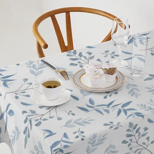 Blue Leaves Tablecloth, Summer Light Blue White Grey Leaves Fern Forest Herbs Plants Print Table Cloth for Indoor Outdoor Dining Table Party Picnic Decor 55x75in