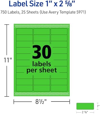 Avery Printable Address Labels, Sure Feed Technology, 1" x 2-5/8", Neon Green, Laser & Inkjet Compatible, 750 Blank Labels Total, Great for Branding, Mailing, Organizing, and More (5971)