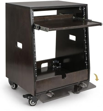 Sound Town DIY Slanted 10U Studio Rack (2U Top + 8U Lower) with 2U Bottom Storage, Slide-Out Tray, Casters, for Home Studio and Recording Room, Birch Plywood, Black Espresso (SDRK-ST10TD)