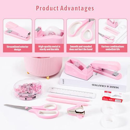 Gawsey Pink Desk Organizers and Accessories with Desk Organizer 360° Rotating Pen Holder and Office Supplies, Cute Stationery Supplies Set